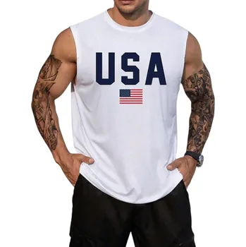 Pánské tílko Pánské tílko s kulatým výstřihem O Potisk americké vlajky a nápis USA Polyester Lehký letní top na sport volný čas bílá XXL