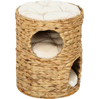 PawHut škrabací sud, 50 cm vysoký sud pro kočky se 2 jeskyněmi, škrabadlo s polštářem, věž pro kočky z vodního hyacintu, pro kočky do 3,5 kg, světle hnědá barva