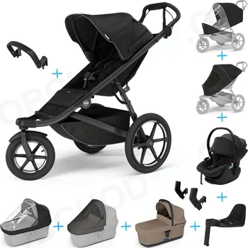 Kočárek Set 10v1 Thule Urban Glide 3 Black s magnetickou sponou + madlo + korbička Tinted Taupe + pláštěnky a moskytiéry Thule + Autosedačka Thule Maple Black s ISOFIX základnou Thule Alfi a adaptéry