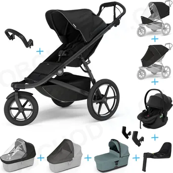Kočárek Set 10v1 Thule Urban Glide 3 Black s magnetickou sponou + madlo + korbička Mid Blue + pláštěnky a moskytiéry Thule + Autosedačka Thule Maple Black s ISOFIX základnou Thule Alfi a adaptéry