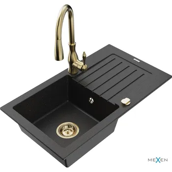 Granitový dřez MEXEN/S - Pablo granitový dřez 1 s odkapávačem včetně baterie Savita, černá/stříbrná metalik 6510-73-672601-50
