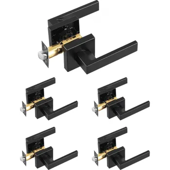 Dveřní kování Klika pro průchozí dveře, sada 5 matně černých klik, levá nebo pravá, oboustranná, bez aretace, otočení o 45° pro otevření, univerzální čtvercová vnitřní klika pro chodby, šatny, zasedací prostory