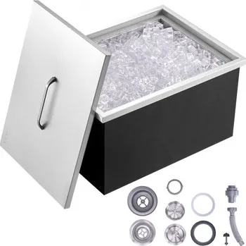 Nádoba na led Chladicí box , nerezová ocel, drážkovaná nádoba na led, komerční nádoba na led s krytem, venkovní kuchyňský ledový bar o objemu 37,9 l, odtoková trubka a vypouštěcí zátka součástí balení, na studené víno a pivo