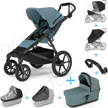 Kočárek Set 7v1 Thule Urban Glide 4-wheel Mid blue s magnetickou sponou + pláštěnka + ochranná síť + madlo + korbička Mid blue + pláštěnka + ochranná síť na korbičku