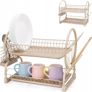 Odkapávač na nádobí Dvoupatrový odkapávač na nádobí, stojan na talíře, hrnky a příbory