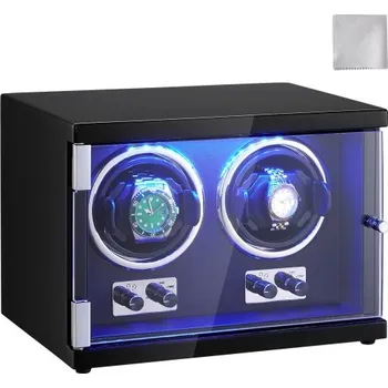 Hodinky Natahovač hodinek , duální natahovač hodinek pro pánské i dámské automatické hodinky, se 2 super tichými japonskými motory Mabuchi, modrým LED světlem a adaptérem, pouzdrem z vysoce husté desky a černým PU