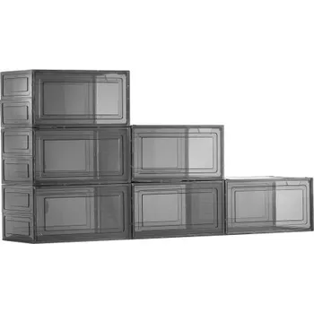 Úložný box úložné boxy na boty, balení 6 průhledných stohovatelných úložných boxů s magnetickými dvířky, vhodné až do velikosti US 13, plastové boxy na tenisky, boty a klobouky, průhledně černé