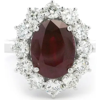 Prsten Prsten z bílého zlata s oválným rubínem a diamantovou halo obrubou