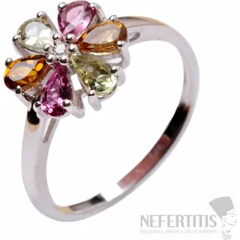 Prsten Prsten stříbrný Kytička s broušenými vícebarevnými turmalíny a zirkonem Ag 925 015216 MT 54 mm (US 7), 2,7 g