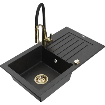 Granitový dřez MEXEN/S - Pablo granitový dřez 1 s odkapávačem včetně baterie Aster, černá/stříbrná metalik 6510-73-73450-57-G