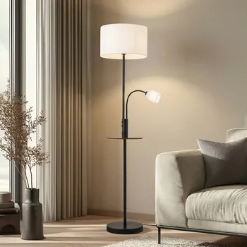Svítidlo Lindby stojací lampa Aovan, černá, odkládací plocha, USB port - Podstavec - Ø 30 cm, výška 4 cm; délka kabelu 200 cm; stolek - Ø 30 cm, horní hrana 74 cm; Ø stínidlo na lampu na čtení 9 cm černá, krémově bílá, tmavé dřevo 1 x 15 W LED E27 + 1 x 10 W LED E