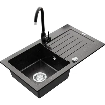 Granitový dřez MEXEN/S - Pablo granitový dřez 1 s odkapávačem včetně baterie Telma, černá/stříbrný 6510-73-670200-70