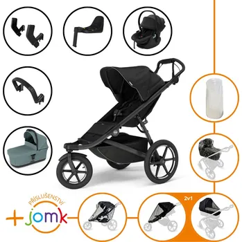 Kočárek Set 11v1 Thule Urban Glide 3 Black s magnetickou sponou + madlo + korbička Mid Blue + příslušenství JOMK + autosedačka Thule Maple Black s ISOFIX základnou Thule Alfi a adaptéry