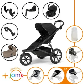 Kočárek Set 11v1 Thule Urban Glide 3 Black s magnetickou sponou + madlo + korbička Tinted Taupe + příslušenství JOMK + autosedačka Thule Maple Black s ISOFIX základnou Thule Alfi a adaptéry