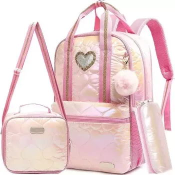 Školní batoh Jasmine Dívčí školní batoh set 3v1 se srdíčkem Růžový 20L
