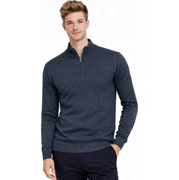 Pánský svetr PÁNSKÝ SVETR S POLO ROLÁKEM - S8205 GRANATOWY MELANŹ klasický bavlněný pohodlný