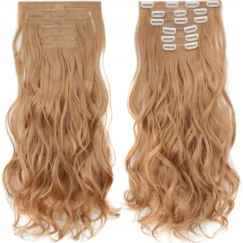 Příčesek 6 pramenů clip in vlasů tmavě blond kudrnaté 50 cm jako PŘIROZENÉ