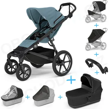 Kočárek Set 7v1 Thule Urban Glide 4-wheel Mid blue s magnetickou sponou + pláštěnka + ochranná síť + madlo + korbička Black + pláštěnka + ochranná síť na korbičku