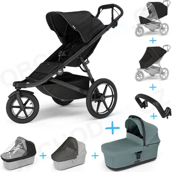 Kočárek Set 7v1 Thule Urban Glide 3 Black s magnetickou sponou + pláštěnka + ochranná síť + madlo + korbička Mid blue + pláštěnka + ochranná síť na korbičku