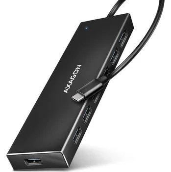 USB hub AXAGON HUE-F7C, 7x USB 3.2 Gen 1 ALU FLAT CHARGING hub, micro USB napájecí konektor, kabel USB-C 30cm