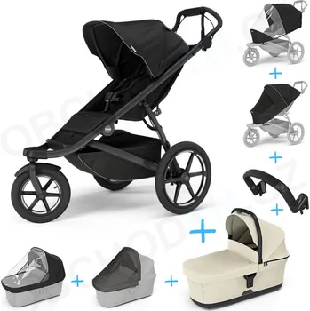 Kočárek Set 7v1 Thule Urban Glide 3 Black s magnetickou sponou + pláštěnka + ochranná síť + madlo + korbička Soft beige + pláštěnka + ochranná síť na korbičku