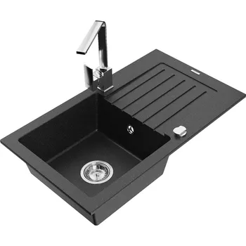 Granitový dřez MEXEN/S - Pablo granitový dřez 1-miska s odkapávačem včetně baterie Rita, černý/stříbrný metali 6510-73-670300-00