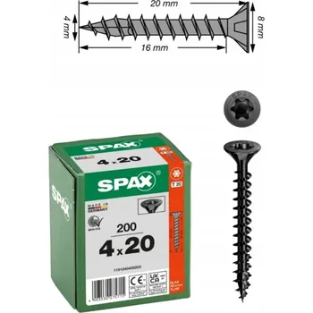 Vrut Vruty do dřeva SPAX 4x20 zápustná hlava T20 černé 200 ks
