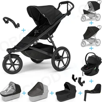 Kočárek Set 10v1 Thule Urban Glide 3 Black s magnetickou sponou + madlo + korbička Black + pláštěnky a moskytiéry Thule + Autosedačka Thule Maple Black s ISOFIX základnou Thule Alfi a adaptéry