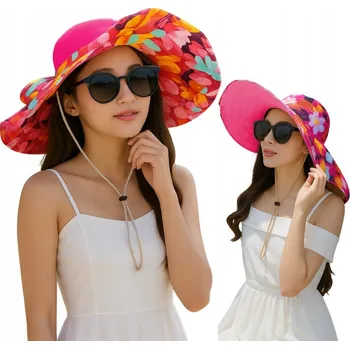 Klobouk Dámský letní klobouk proti slunci UV oboustranný s s velkou krempou a šňůrkou