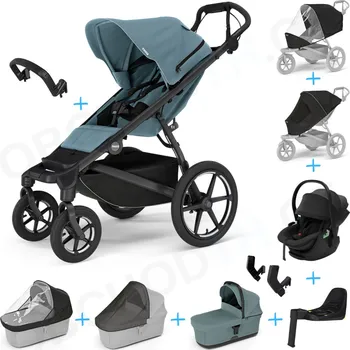 Dětské zboží Set 10v1 Thule Urban Glide 4-wheel Mid Blue s magnetickou sponou + madlo + korbička Mid Blue + pláštěnky a moskytiéry Thule + Autosedačka Thule Maple Black s ISOFIX základnou Thule Alfi a adaptéry