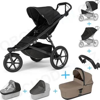 Kočárek Set 7v1 Thule Urban Glide 3 Black s magnetickou sponou + pláštěnka + ochranná síť + madlo + korbička Tinted Taupe + pláštěnka + ochranná síť na korbičku