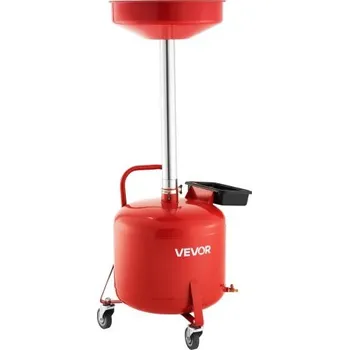 nádrž 30L vypouštěcí nádrž na odpadní olej, průmyslová vypouštěcí nádrž na kapaliny s nastavitelnou výškou trychtýře, přenosná vypouštěcí nádrž na olej s kolečky a bednou na nářadí, vypouštění kapalin a paliva pro autoservisy, červená