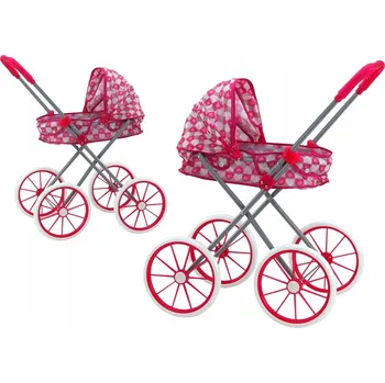 Kočárek pro panenku HLUBOKÝ KOČÁREK PRO PANENKY SKLÁDACÍ S VELKÝMI KOLEČKY RŮŽOVÝ SRDÍČKA