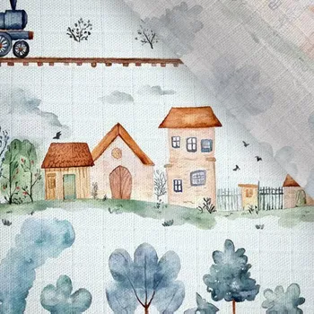 Zbytek - Plenkový bambusový mušelín Takoy pohádkový modrý vláček