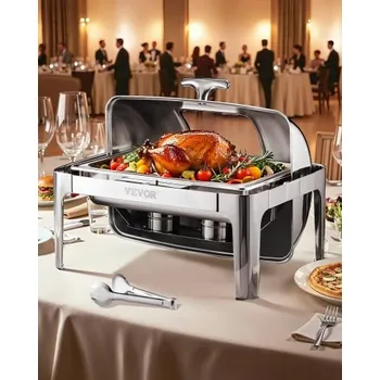 Kompletní sada ohřívacích talířů Roll Top Chafing Dish Buffet, 9 qt 1 balení, nerezová ocelová podnosná miska se 2 pánvemi poloviční velikosti, obdélníkový ohřívač na catering s viditelným víkem, pánev na vodu, skládací stojan, držák na palivo,