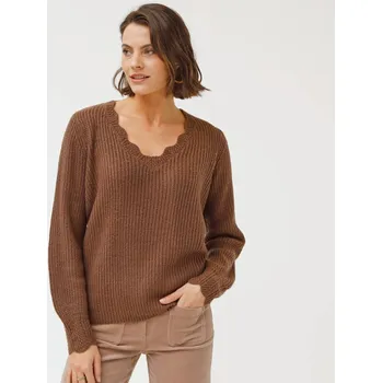 Dámský svetr Pulovr s výstřihem do V, z hladkého úpletu hnědošedá 42/44