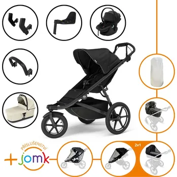 Kočárek Set 11v1 Thule Urban Glide 3 Black s magnetickou sponou + madlo + korbička Soft Beige + příslušenství JOMK + autosedačka Thule Maple Black s ISOFIX základnou Thule Alfi a adaptéry