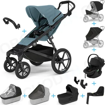 Dětské zboží Set 10v1 Thule Urban Glide 4-wheel Mid Blue s magnetickou sponou + madlo + korbička Black + pláštěnky a moskytiéry Thule + Autosedačka Thule Maple Black s ISOFIX základnou Thule Alfi a adaptéry