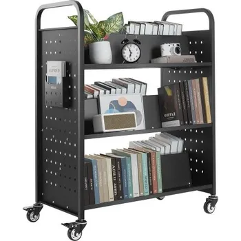 Pojízdný knihovní vozík , nosnost 150 kg, 97 x 51,5 x 122,5 cm, oboustranné police ve tvaru W s uzamykatelnými kolečky 76,2 mm, knihoven do domácnosti, kanceláře a školy, černý