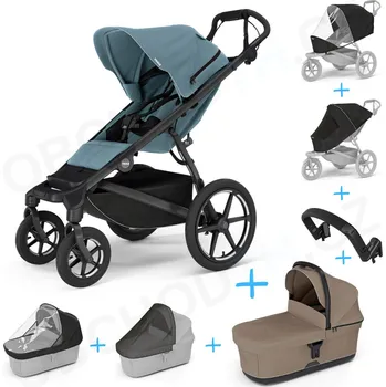 Kočárek Set 7v1 Thule Urban Glide 4-wheel Mid blue s magnetickou sponou + pláštěnka + ochranná síť + madlo + korbička Tinted Taupe + pláštěnka + ochranná síť na korbičku