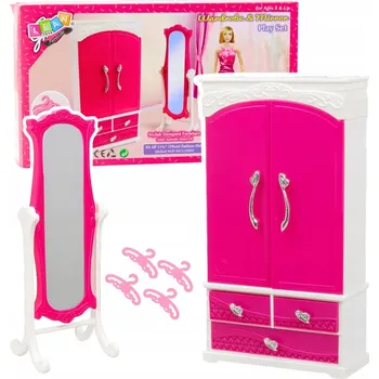 Doplněk pro panenku SADA NÁBYTKU PRO PANENKY SKŘÍŇ SE ZRCADLEM A VĚŠÁKY, OBLEČENÍ A DOPLŇKY, RŮŽOVÁ