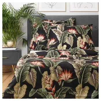 Mikrovláknové povlečení | BELAGA | mikrovlákno černé s listy a květy | 220x200 + 2*70x80 cm | 989111