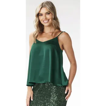 Saténový top na ramínka s výstřihem do V, lahvově zelená zeleň L