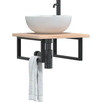 Koupelnový nábytek Deska pod umyvadlo nástěnná ocel a masivní dubové dřevo - 8721102932380