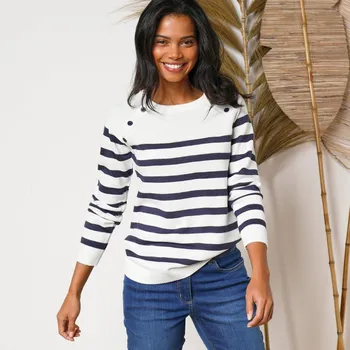 Dámský svetr Pruhovaný pulovr s ozdobnými knoflíky režná/nám.modrá 54