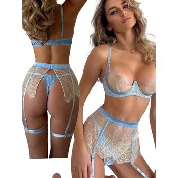 Dámská erotická souprava KRAJKOVÁ SEXY SOUPRAVA DÁMSKÉHO PRÁDLA – 4 DÍLNÁ POPRSÍ+TANGA+PODVAZKOVÝ PÁS