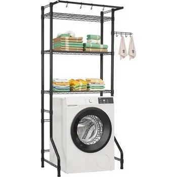Úložný box úložný regál nad pračku a sušičku, 3 úrovně sušáku do prádelny s tyčí a háčky, nastavitelné police do pračky v jedné řadě, šetří místo, pro úložný prostor a organizaci v prádelně, černý