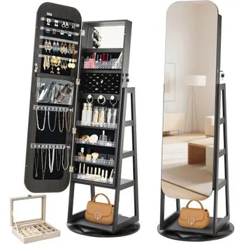 Šperkovnice Šperkovnice otočná o 360°, výška 1600 mm, zrcadlo v celé délce s úložným prostorem, otočný stojanový organizér na šperkovnice, uzamykatelné dveře se 2 klíči, kapsičky na příslušenství a úložné police