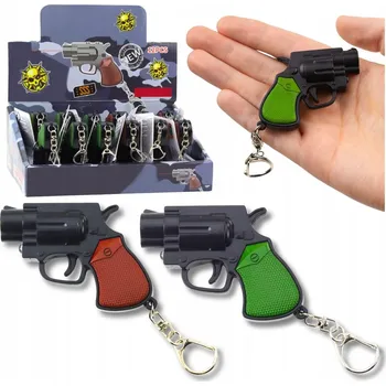 MINI PISTOLE REVOLVER PŘÍVĚSEK NA KLÍČE PŘÍVĚSEK GADGET LED SVĚTLO LASER 6,5 CM