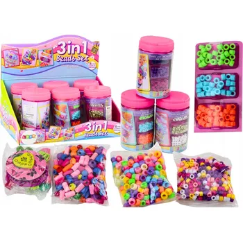 Dětské navlékací korálky SADA KORÁLKŮ PRO VÝROBU ŠPERKŮ A NÁRAMKŮ 3V1 VE SKLENICI DIY